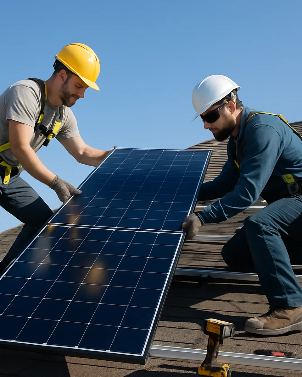 Two certified installers mounting a solar panel on a residential roof
