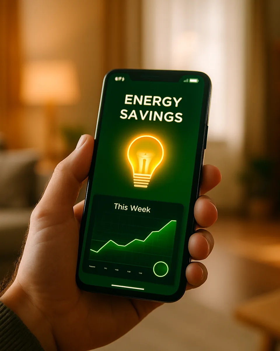 A homeowner checking their solar savings on a phone app at home